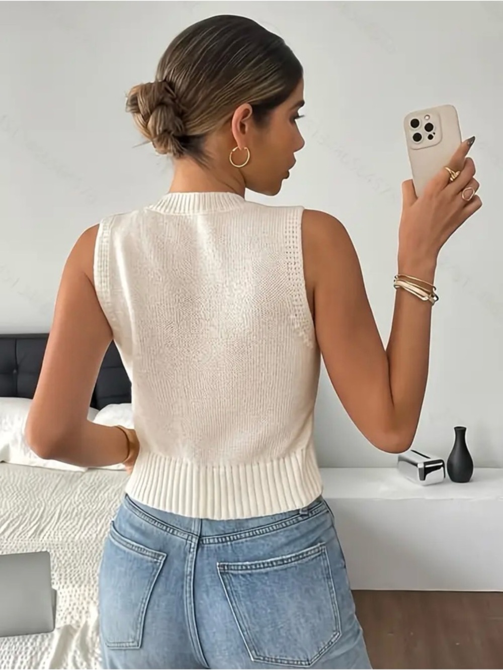 Sleeveless White Knit Tank with Black Floral Applique - Picture 2 of 3